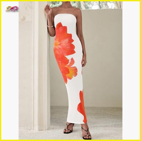 Strapless Maxi Dress Bodycon Formal Elegant Mesh Floral Wedding Guest - Picture 4 of 7